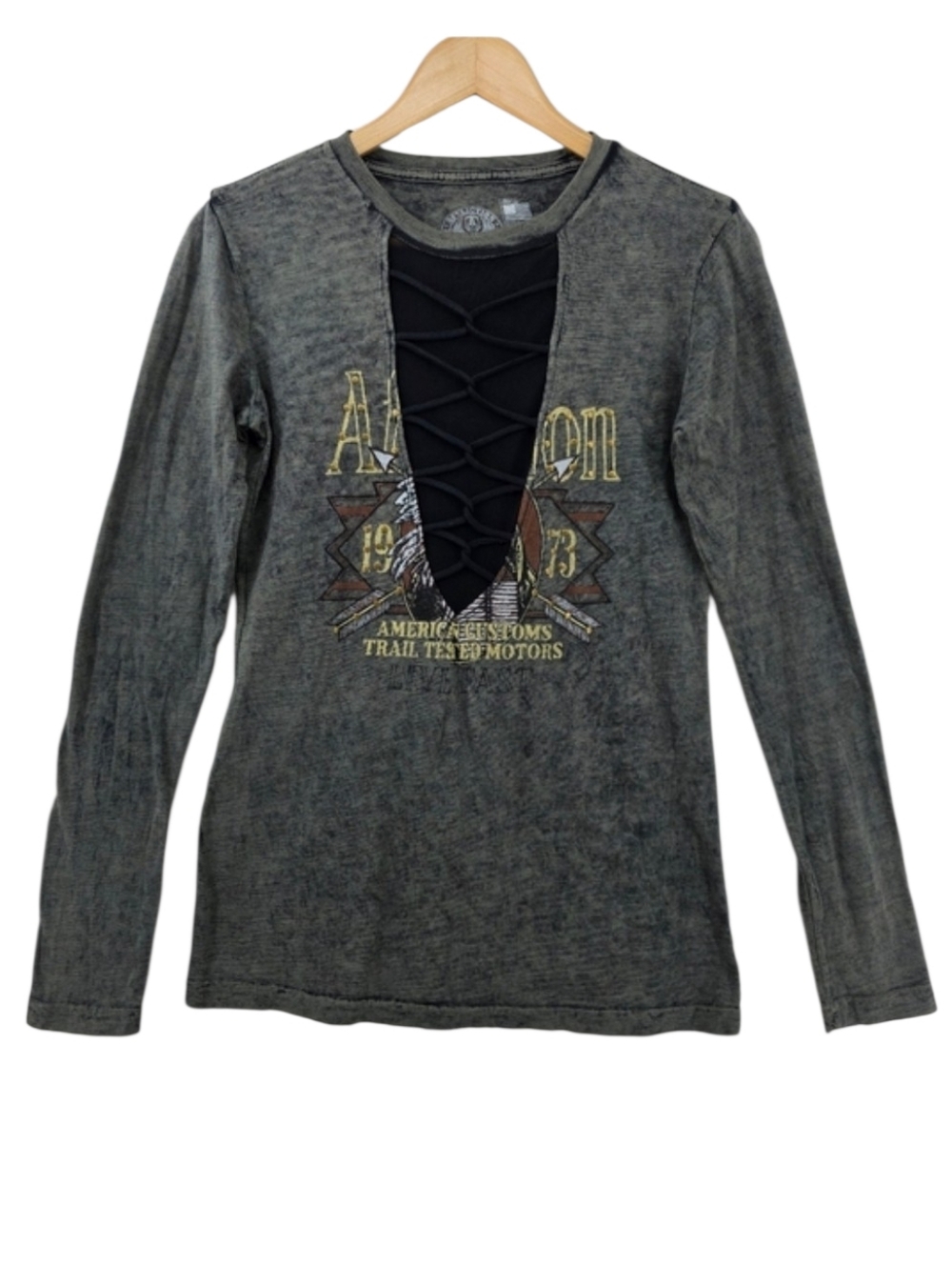 Affliction American Customs Long-sleeve Shirt Lace-up Mesh Neckline Womens Small